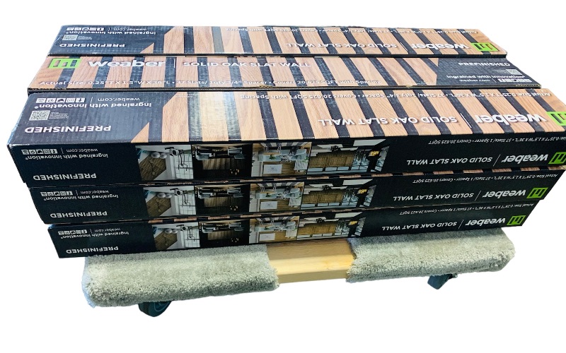 Photo 1 of 985870…  9 boxes of weaber prefinished solid oak slat wall - covers over 60 square feet total each box  20.625 sq ft with spacing each piece 36” L x 1.5 W x .25T