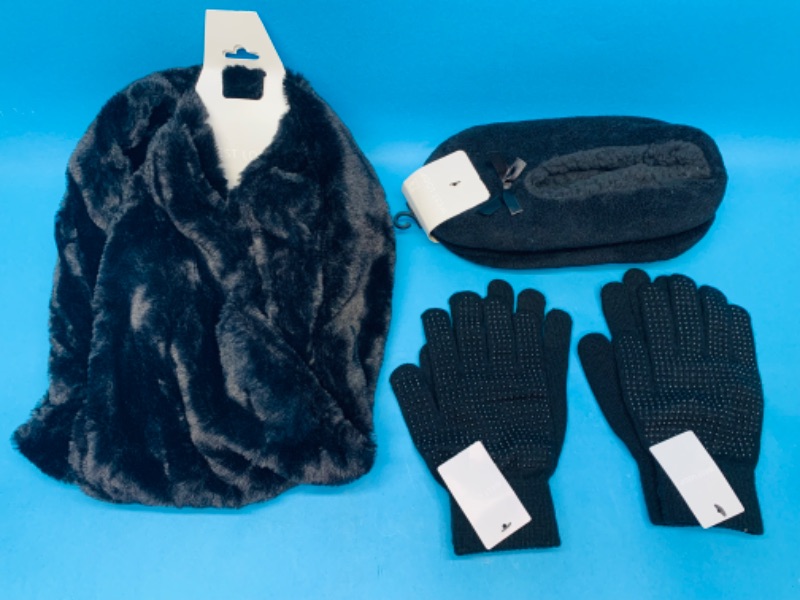 Photo 1 of 986028… ladies faux fur infinity scarf, gripper gloves, and fuzzy slipper socks 