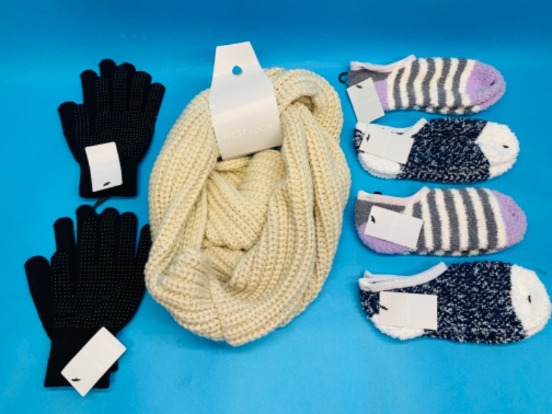 Photo 1 of 986029… ladies knit infinity scarf, gripper gloves, and fuzzy socks 