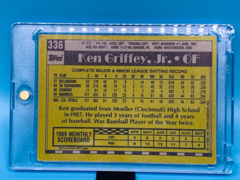 Photo 2 of 986451…Topps 1990 ken Griffey Jr. Rookie Bloody scar card #336 in hard plastic case 