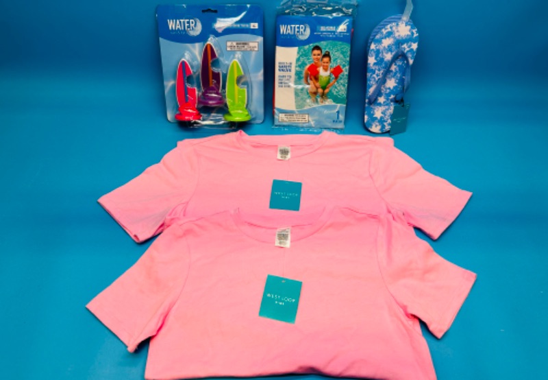 Photo 1 of 986868…kids t-shirts med/Lg, flip flops 2-3,  and water toys 