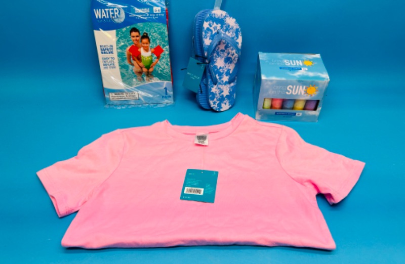 Photo 1 of 986869…kids size small flip flops, t shirt, water wings, and sidewalk chalk 