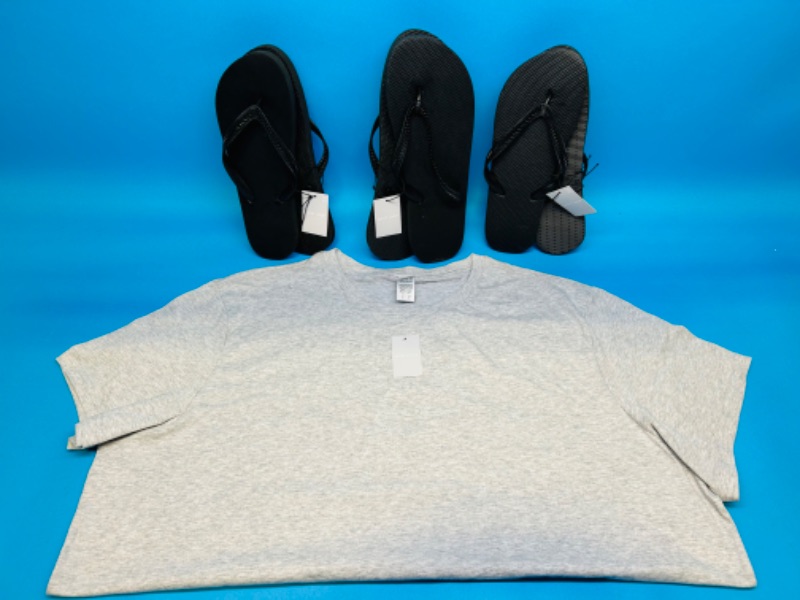 Photo 1 of 986885…mens xxl t-shirt, xl flip flops, 2 size M flip flops 