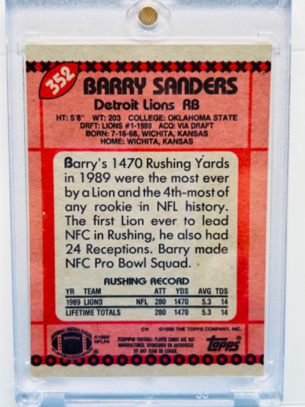 Photo 2 of 987391…Barry Sanders Rookie card  in hard plastic case