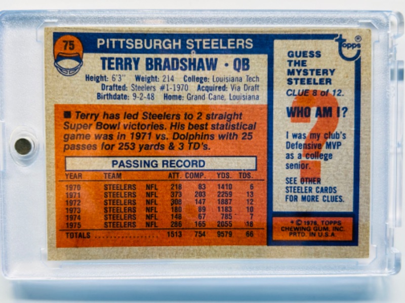 Photo 2 of 987394…1976 Terry Bradshaw card 75  in hard plastic case