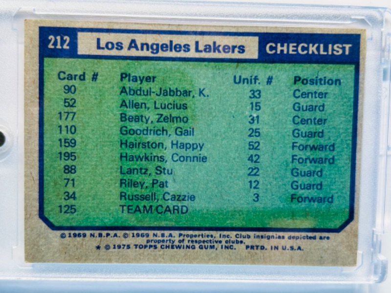 Photo 2 of 987395…1975 Los Angeles Lakers checklist card 212  in hard plastic case