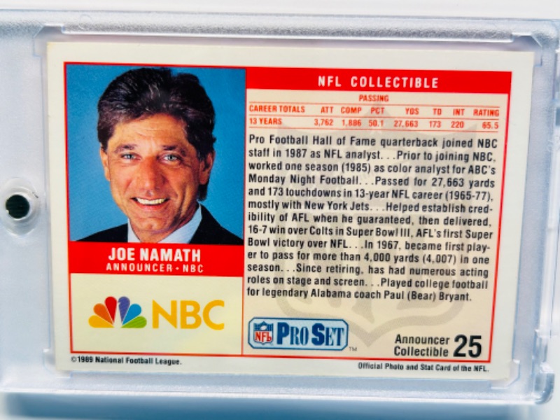 Photo 2 of 987398…Joe Namath hall of fame announcer card 25  in hard plastic case