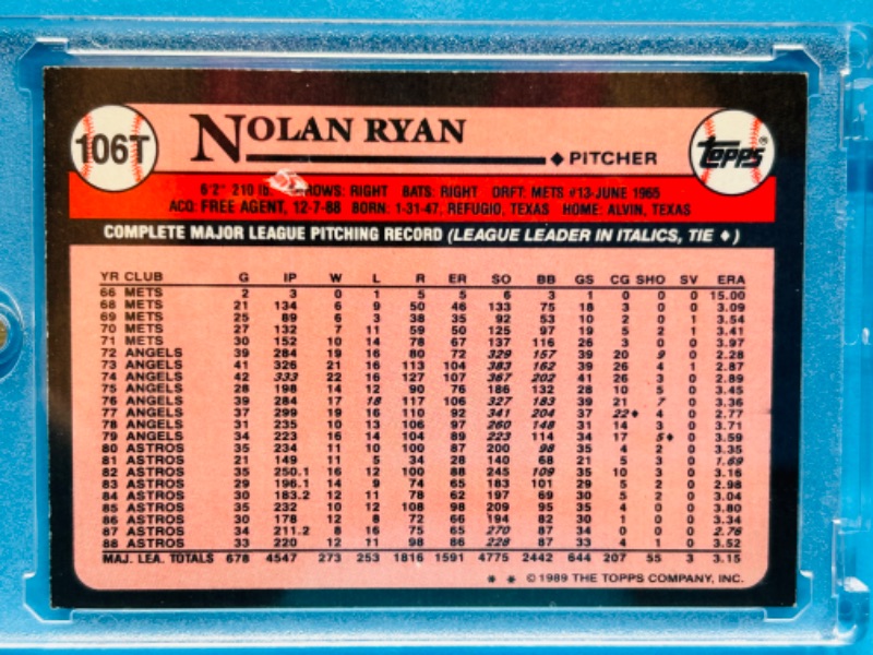 Photo 2 of 987456…topps Nolan Ryan card 107T in hard plastic case 