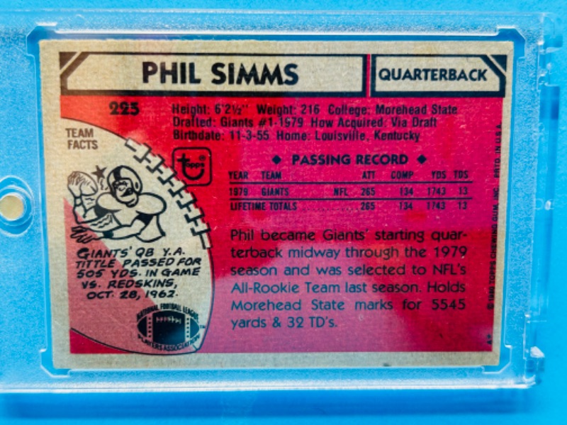 Photo 2 of 987476…Phil Simms Rookie card 225  in hard plastic case 