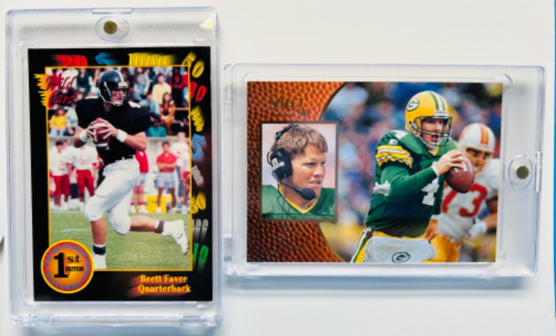 Photo 1 of 987478…Brett Favre Rookie and Promo cards  in hard plastic cases