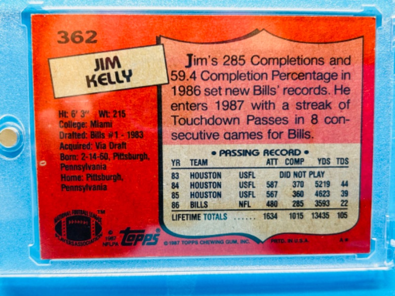 Photo 2 of 987479…Jim Kelly Rookie card 362  in hard plastic case 