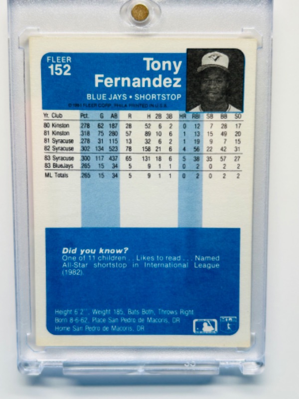 Photo 2 of 987484…Tony Fernandez rookie card 152  in hard plastic case 