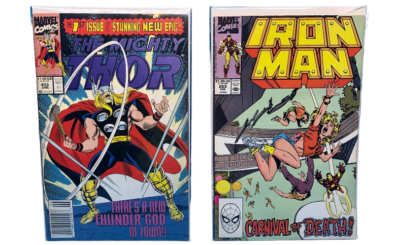 Photo 1 of 987669…vintage iron man and Thor comics in plastic sleeves 