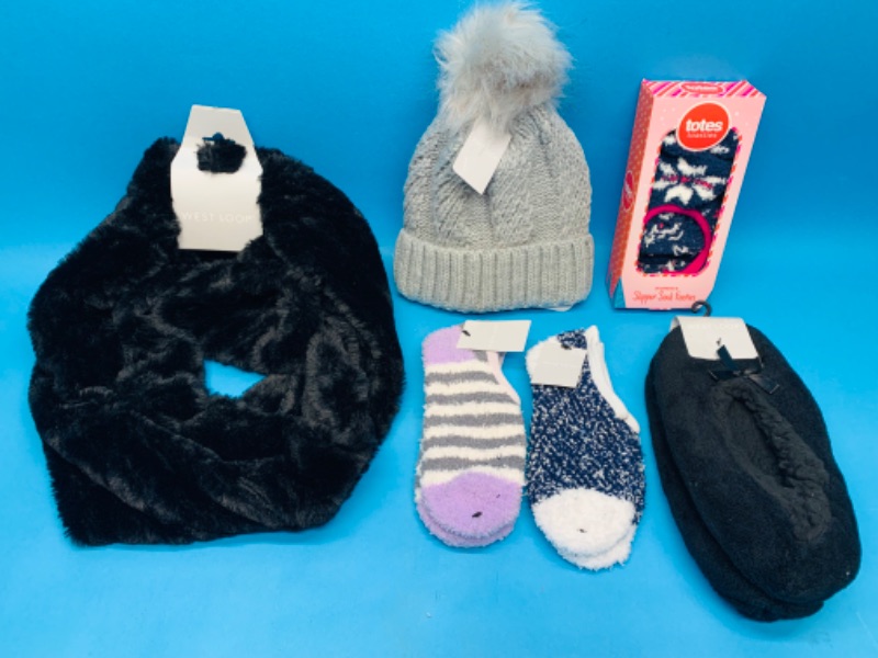 Photo 1 of 988093…ladies faux fur infinity scarf, beanie, slipper socks and cozy socks