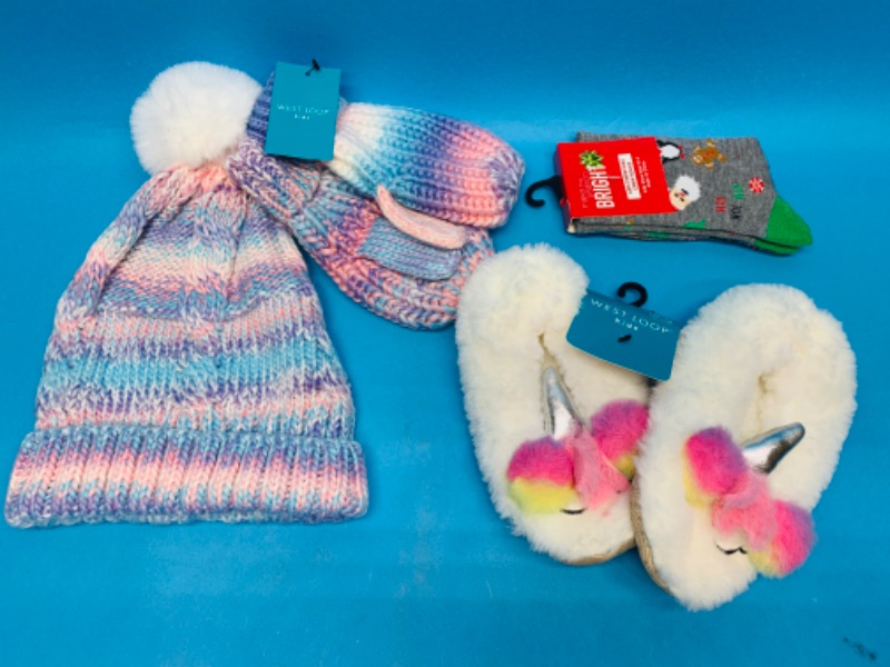 Photo 1 of 988095…kid’s beanie and gloves set, slippers size 10-12, and socks