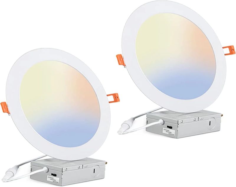 Photo 1 of 2 Pack - 8 Inch 5CCT Ultra-Thin LED Recessed Ceiling Light with Junction Box, 2700K/3000K/3500K/4000K/5000K Selectable, 18W Eqv 125W, Dimmable Canless Wafer Downlight, 1500LM High Brightness -ETL