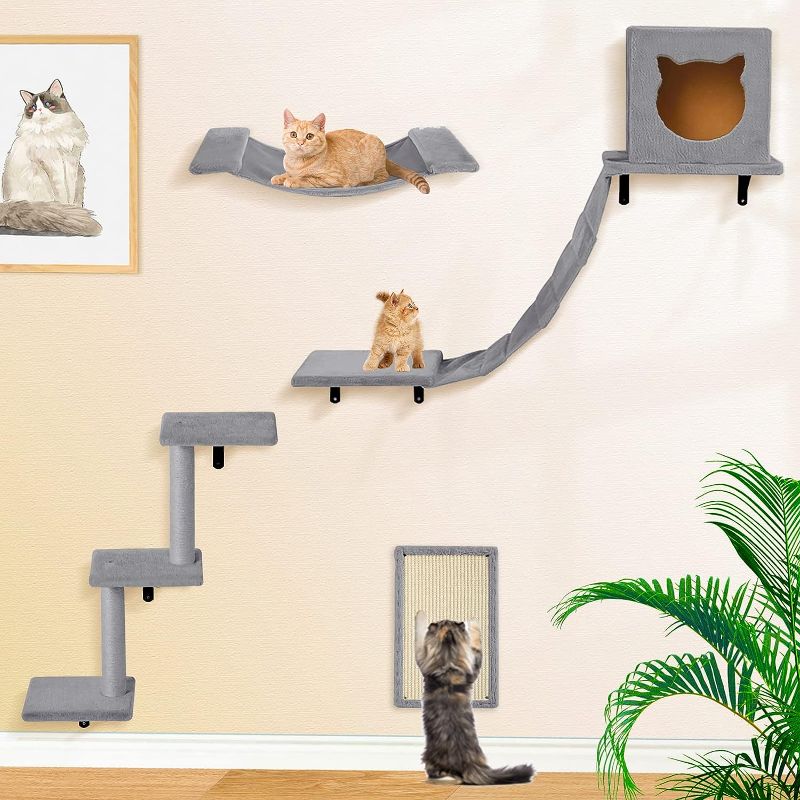 Photo 1 of Loninak Cat Wall Furniture Set-Cat Shelves Include Hammock, Condo with Bridge, Step Scratching Post House for Indoor Mounted Tree Grey
