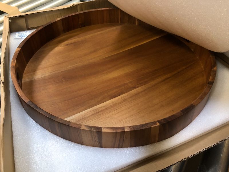 Photo 2 of Acacia Wood Round Tray with Handles, 20 Inch Breafast Tray,Tea & Coffee Table Decorative Serving Tray Food Storage Platters for Serving Beverages & Food on Living Room Home Dining Table. 20" Acacia Round Tray