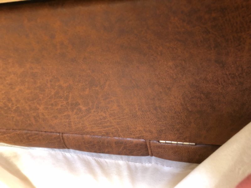 Photo 1 of SIMPLIHOME Harrison 36 inch Wide Square Coffee Table Lift Top Storage Ottoman in Upholstered Distressed Umber Brown Tufted Faux Leather for the Living Room, Distressed Umber Brown 36 inch Coffee Table Storage Ottoman