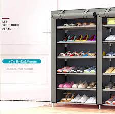 Photo 1 of 6 Tier Shoe Rack Organizer for 36 Pair Shoes, Double Rows 12 Lattices Free Standing Shoe Cabinet Storage Shelf Holder with Non-Woven Fabric Dustproof Cover,Large Portable Closet Shoe Tower (Gray)
