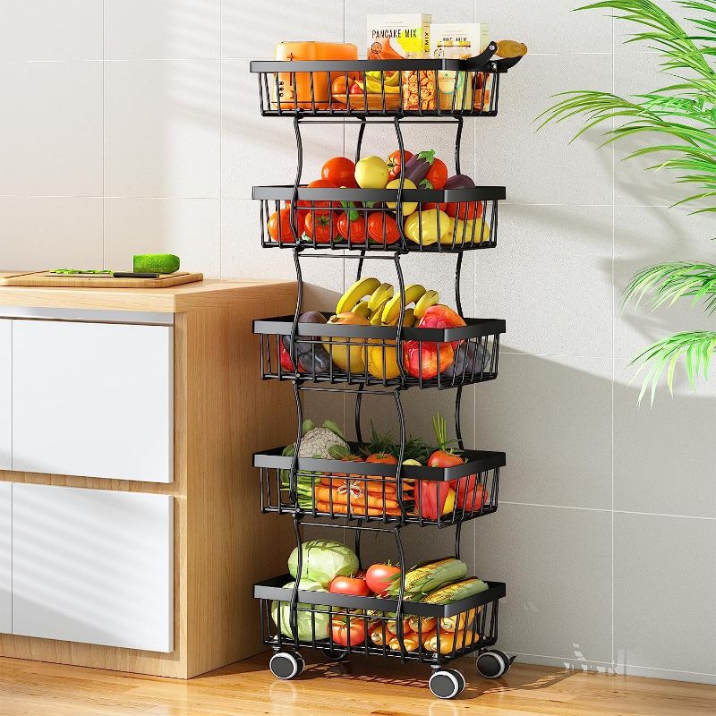 Photo 1 of 5 Tier Fruit Basket for Kitchen, Stackable Fruit and Vegetable Wire Basket with Wheels for Banana Onions and Potatoes Storage and Organization, Black
