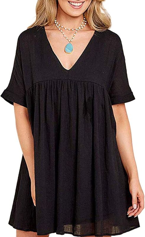 Photo 1 of Nileco Summer Womens Plus Size Loose V-Neck Cotton Linen Dress Above The Knee Tunic Dress
