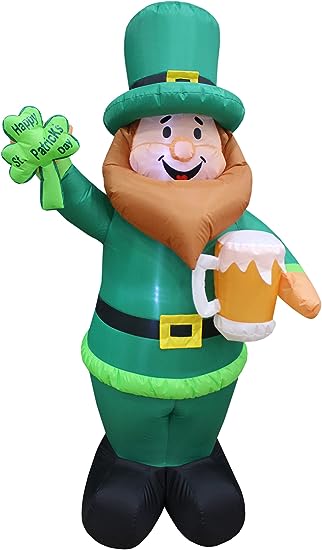 Photo 1 of 6 Foot Tall Saint Patrick's Day Inflatable Green Leprechaun Holding Shamrock and Beer Pre-Lit LED Lights Cute Lucky Outdoor Indoor Holiday Blow up Lighted Yard Decoration