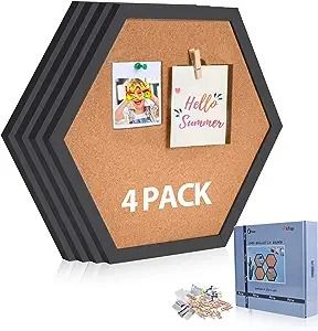 Photo 1 of AkTop Cork Bulletin Board Hexagon 4 Pack, Small Framed Corkboard Tiles for Wall, Thick Decorative Display Boards for Home Office Decor, School Message Board with 16 Push Pin Wood Clips, Black
