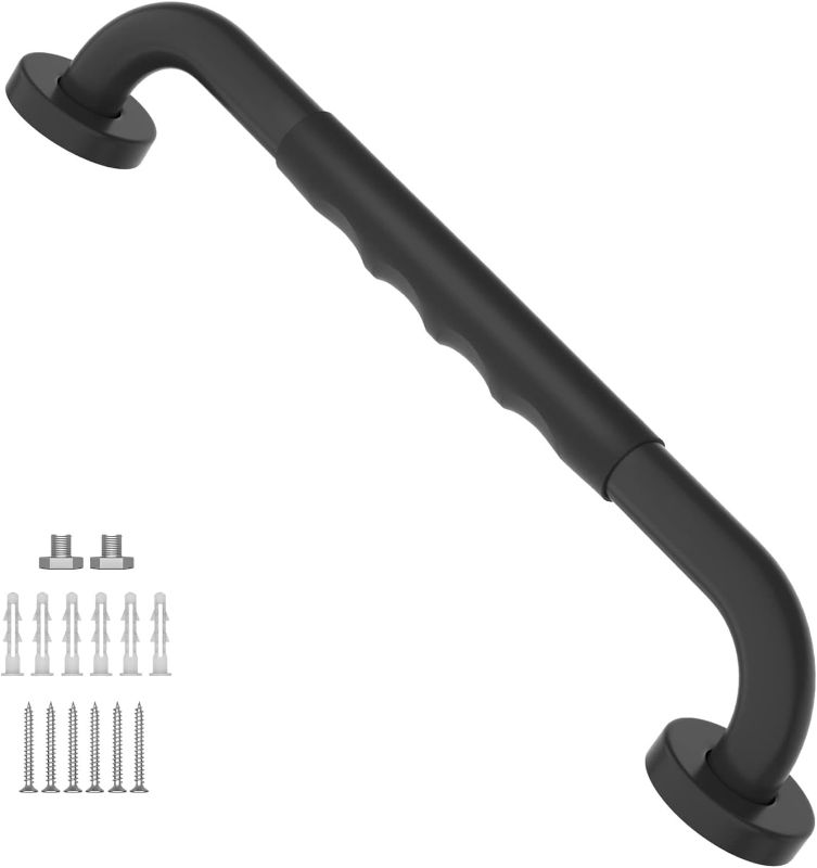 Photo 1 of 16 Inch Black Shower Grab Bar w/ Anti Slip Rubber Grip, ZUEXT Stainless Steel Bath Grab Bar, Bathroom Balance Bar, Wall Mount Safety Handrail Support, Handicap Injury Elderly Senior Assist Handle
