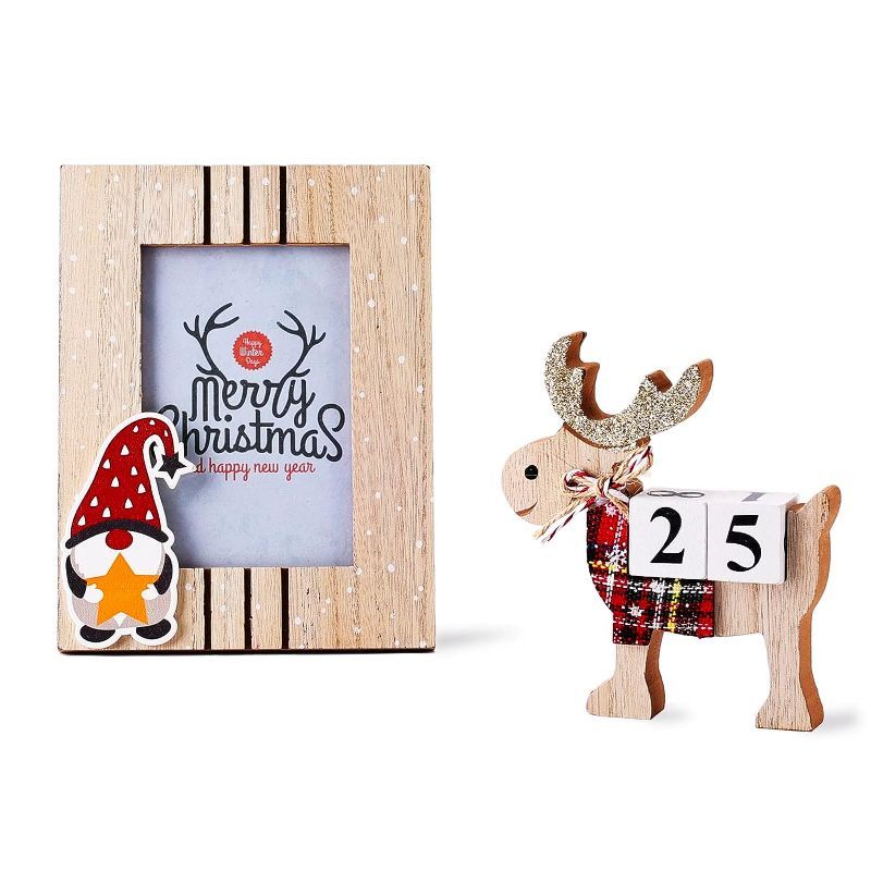 Photo 1 of 2 Pack Christmas Photo Frame And Countdown Decor - Reindeer Stand With Wooden Countdown Calendar Blocks - Solid Wood Christmas Picture Frame 4 X 6 Inches With Winter Gnome Sign - Home Or Office Desk Wooden Calendar Cubes
