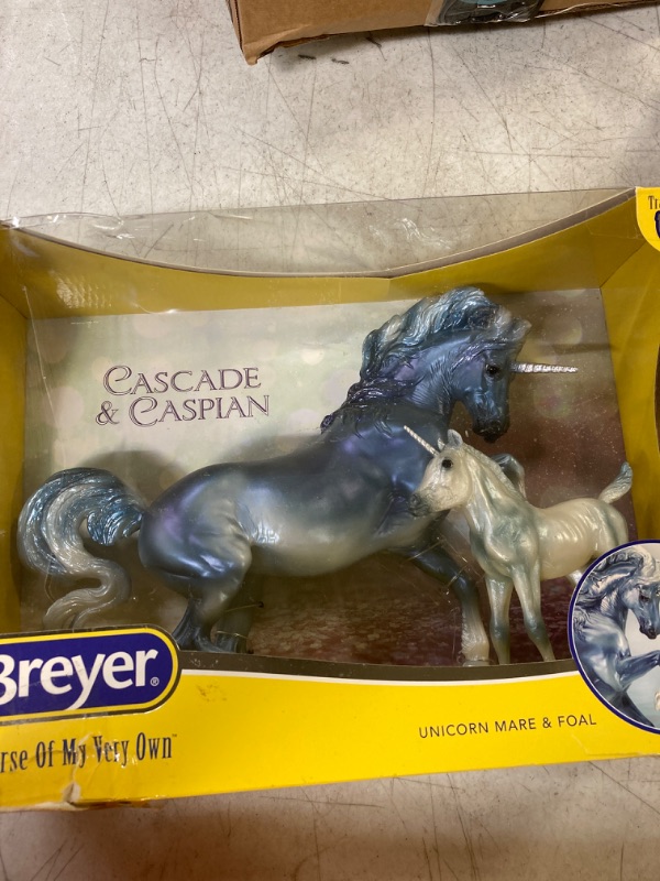 Photo 2 of Breyer Traditional Series Cascade and Caspian | 2 Unicorn Set | Horse Toy Models | 1:9 Scale | Model #1818 Blue, White, Gray