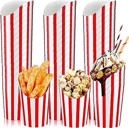 Photo 1 of 100 Pack Carnival Circus Party French Fries Cups Red and White Striped Bulk Disposable 12 oz Paper French Fry Holder for Dessert Supplies Baking Cakes Popcorn Ice Cream Snacks Paper Cups Holder
