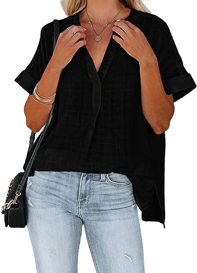 Photo 1 of AlvaQ Women Summer V Neck Chiffon Blouses Casual Loose Tunic Short Sleeve Tops Large 
