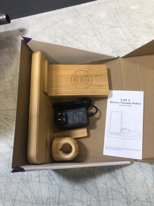 Photo 1 of Wireless Charging Station, OTESS Bamboo Wireless Charger, Fast 3 in 1 Wireless Charger Stand for iPhone 14/13/12/11/Pro/Max/XS/XR/X/8/Plus, for Apple Watch 7/6/5/4/3/2/SE, for AirPods 3/2/Pro