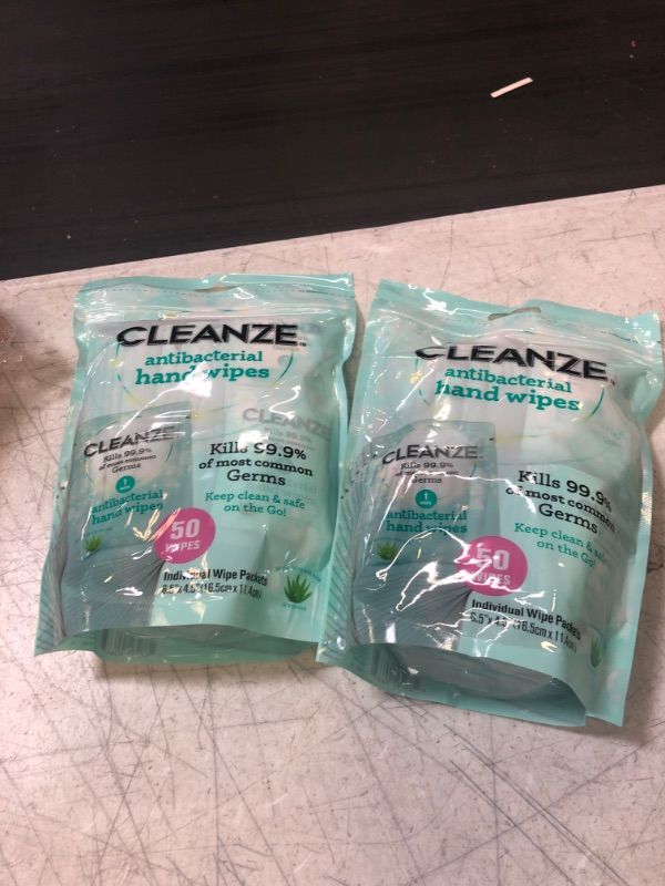 Photo 2 of 
Cleanze Antibacterial Hand Sanitizing Individual Hand Wipe Packets, 50 Unscented Disinfecting Hand Sanitizer Wipes with Aloe for Travel, Kills 99.9% of Germs  2 PACK 
