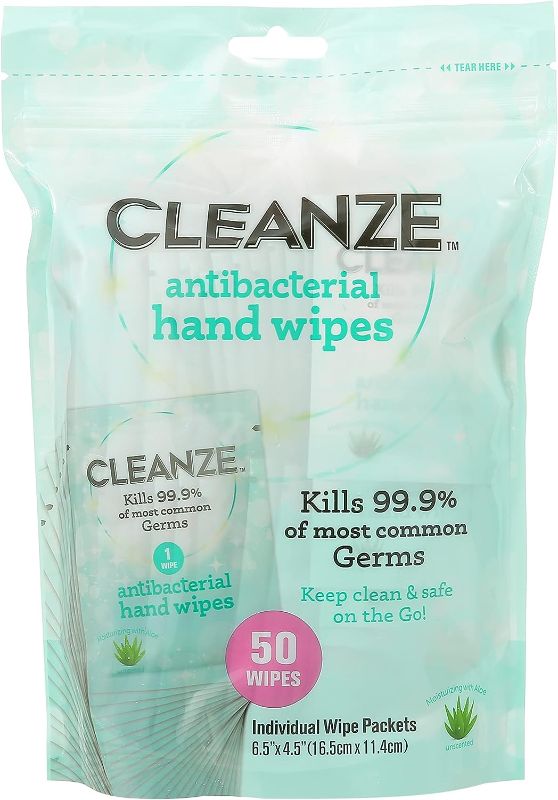 Photo 1 of 
Cleanze Antibacterial Hand Sanitizing Individual Hand Wipe Packets, 50 Unscented Disinfecting Hand Sanitizer Wipes with Aloe for Travel, Kills 99.9% of Germs  2 PACK 
