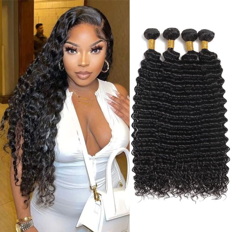 Photo 1 of Deep Wave Human Hair Bundles 20 22 24 26 Inch 100% Unprocessed Brazilian Virgin Remy Hair Curly Bundles Double Weft Weave Natural Color Deep Curly Bundles Wet and Wavy for Black Women
