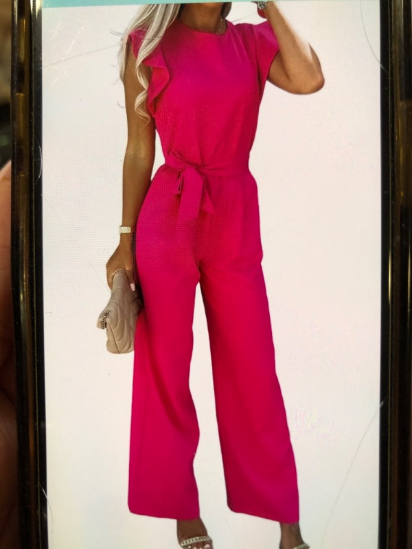 Photo 1 of HATHNE WOMEN CREW NECK JUMPSUITS RUFFLE CAP SLEEVE BELTED HIGH WAIST WIDE LEG ROMPER PINK XL