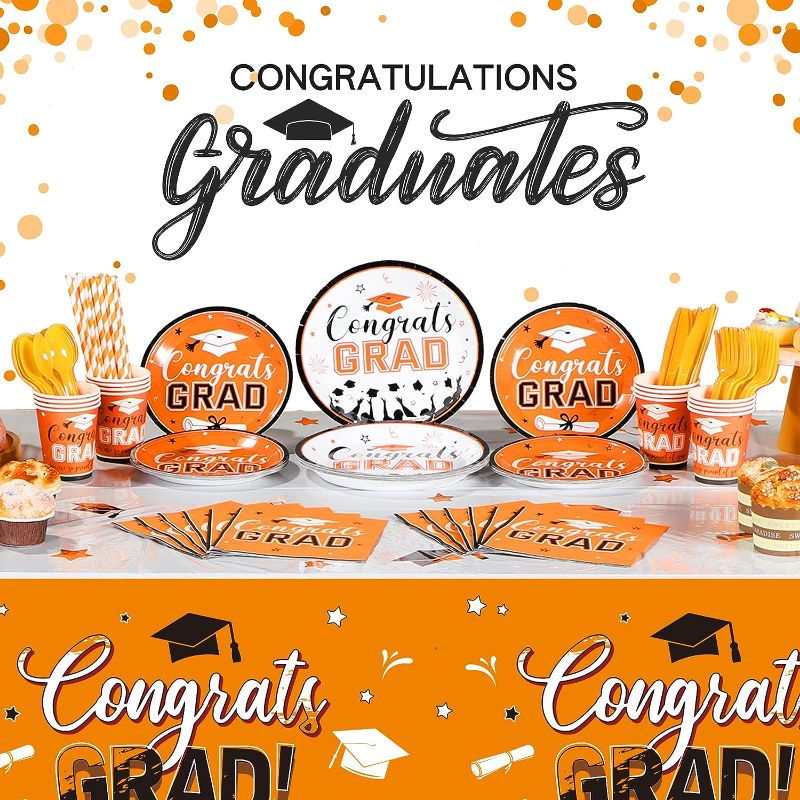 Photo 1 of 193 Pcs Graduation Party Supplies Set Grad Decoration Congrats Class of 2023 Graduation Tablecloth and Cups Plates Napkins Silverware for Event Celebration Party Supply, Serves 24 (Orange and White)
