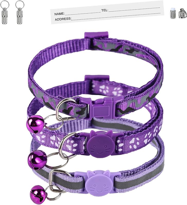 Photo 1 of Detachable Cat Collars with Bells, 3 Pack, 1 Personalized Name Tag, Reflective Cat Collar, Soft Nylon Pet Collar for Girls Cats or Boys Cats. (Purple)
