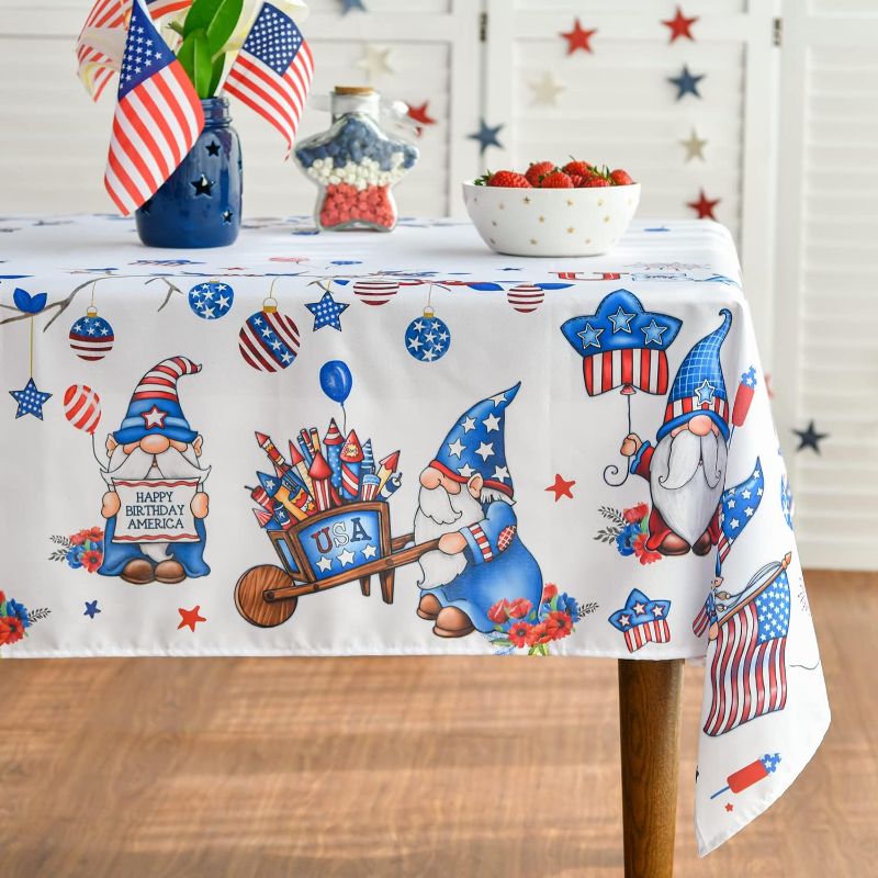 Photo 1 of  ( PACK OF 2 ) Horaldaily Patriotic Gnome 4th of July Tablecloth Rectangle 60 x 120 inch, Independence Day Memorial Day American Flag Stars Balloons Table Cover Protector for Indoor Outdoor Home Dinner Decor
