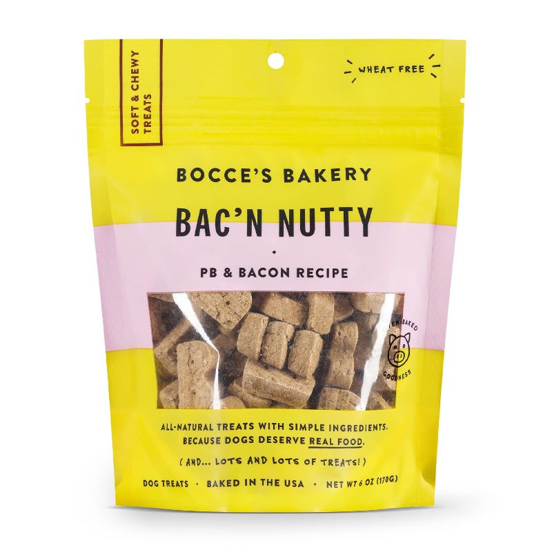 Photo 1 of  ( PACK OF 2 ) Bocce's Bakery Oven Baked Bac'n Nutty Treats for Dogs, Wheat-Free Everyday Dog Treats, Made with Real Ingredients, Baked in The USA, All-Natural Soft & Chewy Cookies, PB & Bacon Recipe, 6 oz Bacon Nutty  ( EXP:11/10/24) 