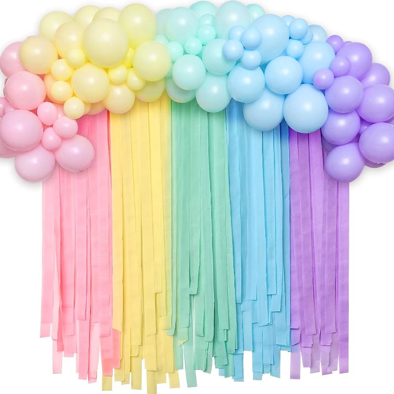 Photo 1 of Golray 118pcs Pastel Rainbow Party Decorations Crepe Paper Streamer Backdrop Balloon Garland Arch Kit Birthday Baby Shower Supplies Assorted Color Macaron Ice Cream Unicorn Pastel Party Decor
