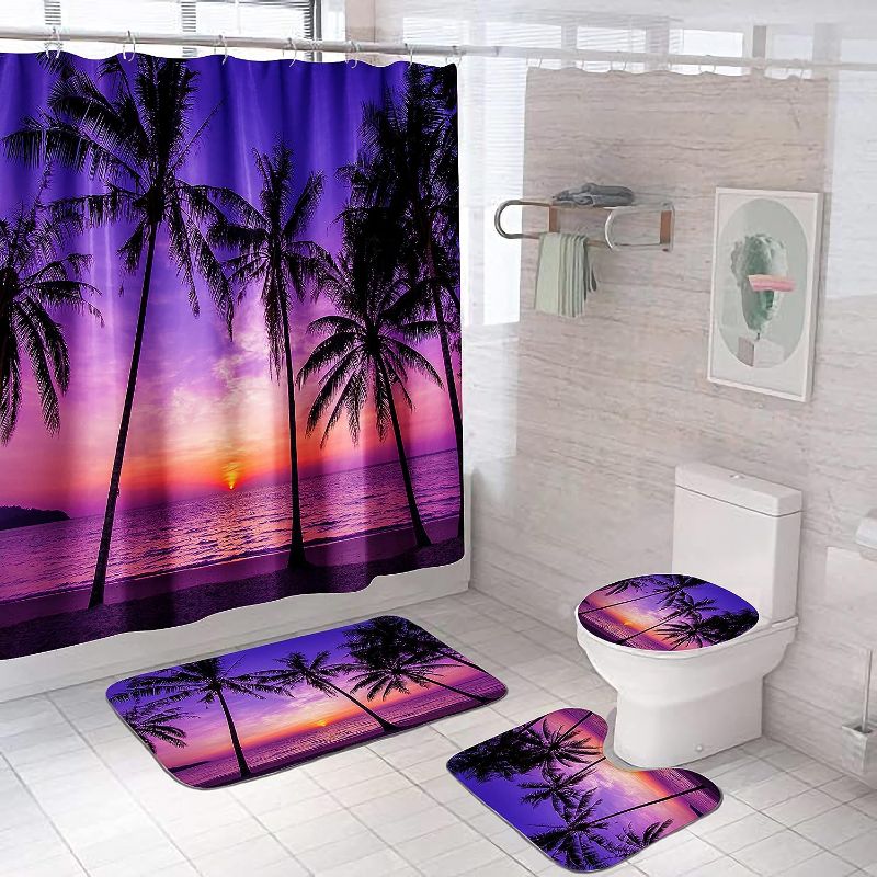 Photo 1 of 4 Pcs Purple Beach Sunset Shower Curtain Sets with Non-Slip Rugs, Toilet Lid Cover and Bath Mat, Tropical Palm Tree Ocean Beach Nature Shower Curtains with 12 Hooks, 72''x72''
