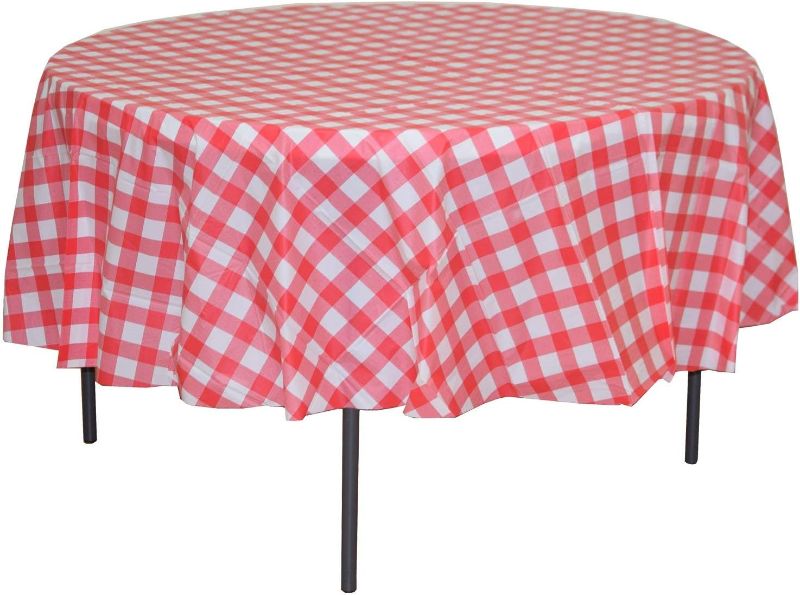 Photo 1 of  Premium Round Plastic Checkered BBQ Tablecloth Gingham Checkerboard Disposable Plastic Tablecloth 70.8 inch. (Red)
