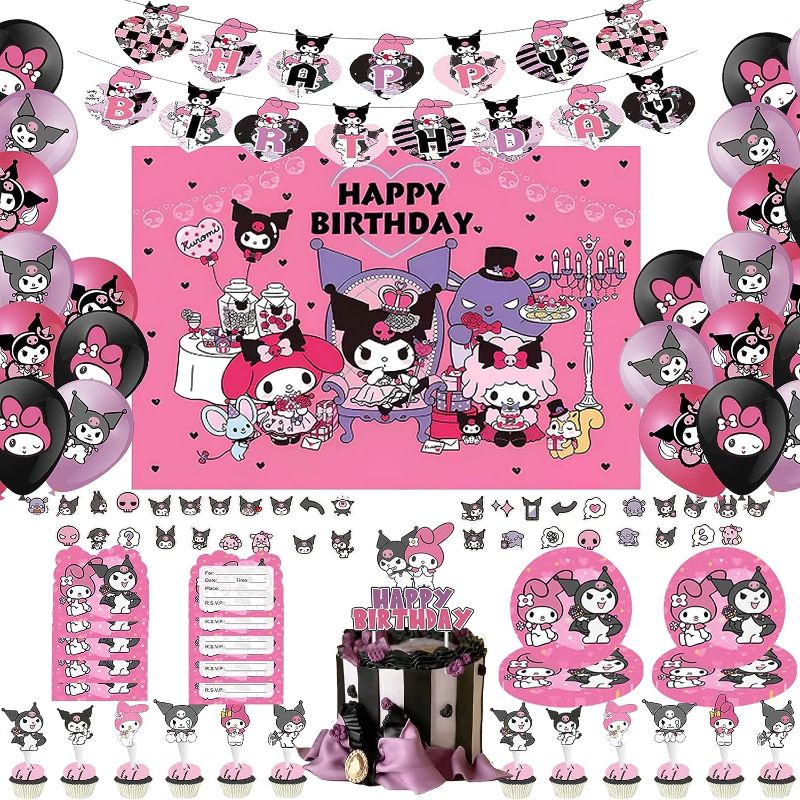 Photo 1 of 119PCS Kawaii lovely cartoon theme birthday party decoration, including background, cloth, cake decoration, balloons, stickers, invitation cards, dinner plates, suitable for pink cartoon party girls and boys
