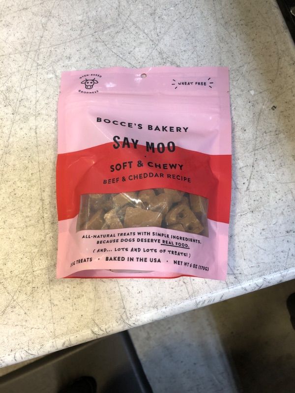 Photo 1 of Bocce's Bakery Oven Baked Say Moo Treats for Dogs, Wheat-Free Everyday Dog Treats, Made with Real Ingredients, Baked in The USA, All-Natural Soft & Chewy Cookies, Beef & Cheddar Recipe, 6 oz EXP SEP 2024