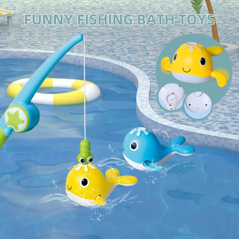 Photo 2 of Cmartlarge Bath Toys,Bath Toys for Toddlers 1-3,Bathtub Toy with Shower and Yellow Duck Slide Wall Track,Wind Up Whale Fishing Game Fun Birthday Gift for Baby Boys & Girls