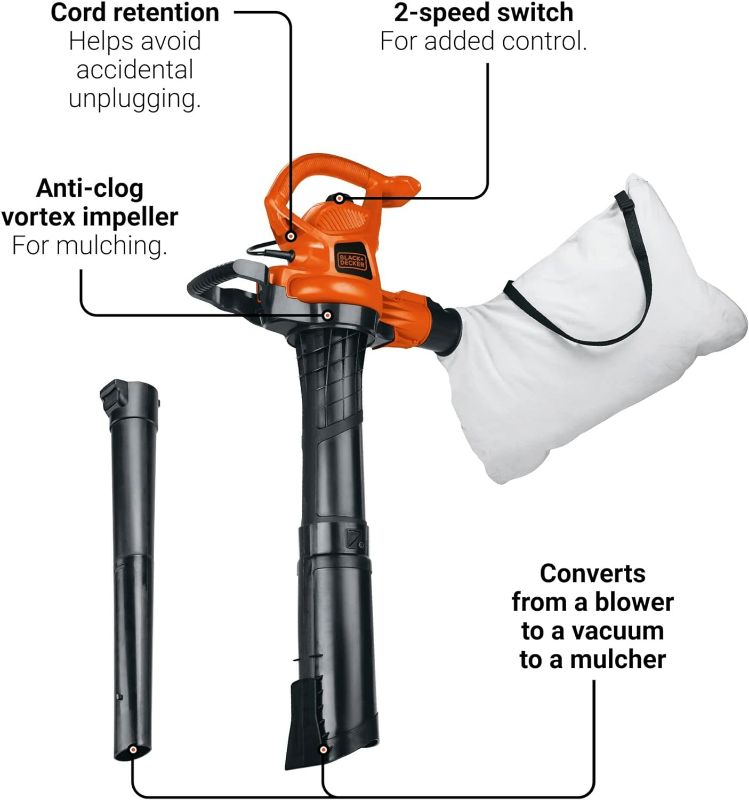 Photo 3 of (READ FULL POST) BLACK+DECKER 3-in-1 Leaf Blower, Leaf Vacuum and Mulcher, Up to 230 MPH, 12 Amp, Corded Electric (BV3600)
