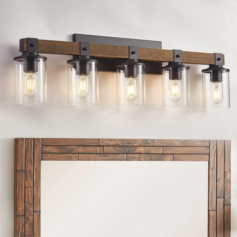 Photo 1 of 5-Light Bathroom Vanity Light, Farmhouse Bathroom Light Fixtures Over Mirror, Classic Wood Vanity Light with Clear Glass Shade, Black Wall Sconce for Bathroom, Bedroom
